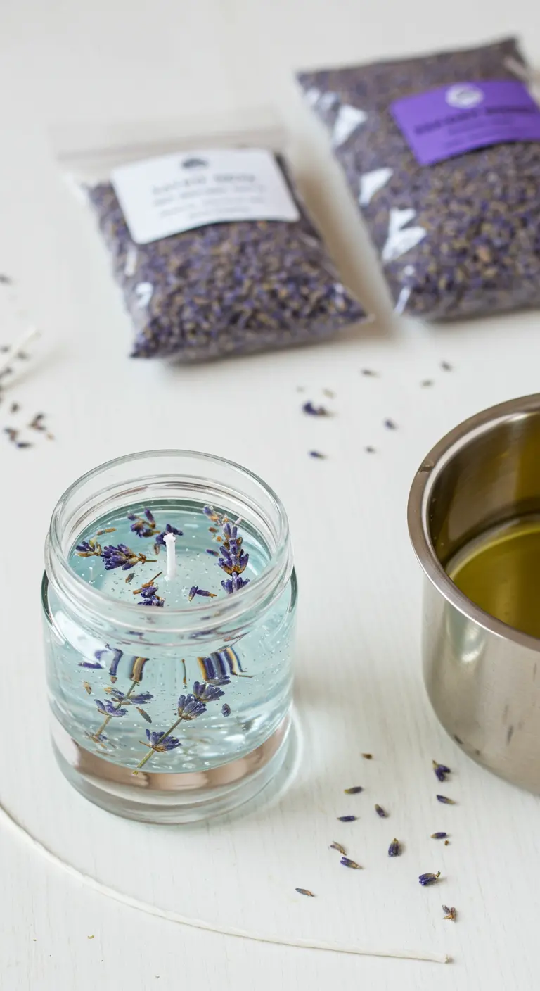 Vela casera de gel transparente con flores de lavanda secas en un frasco de cristal.