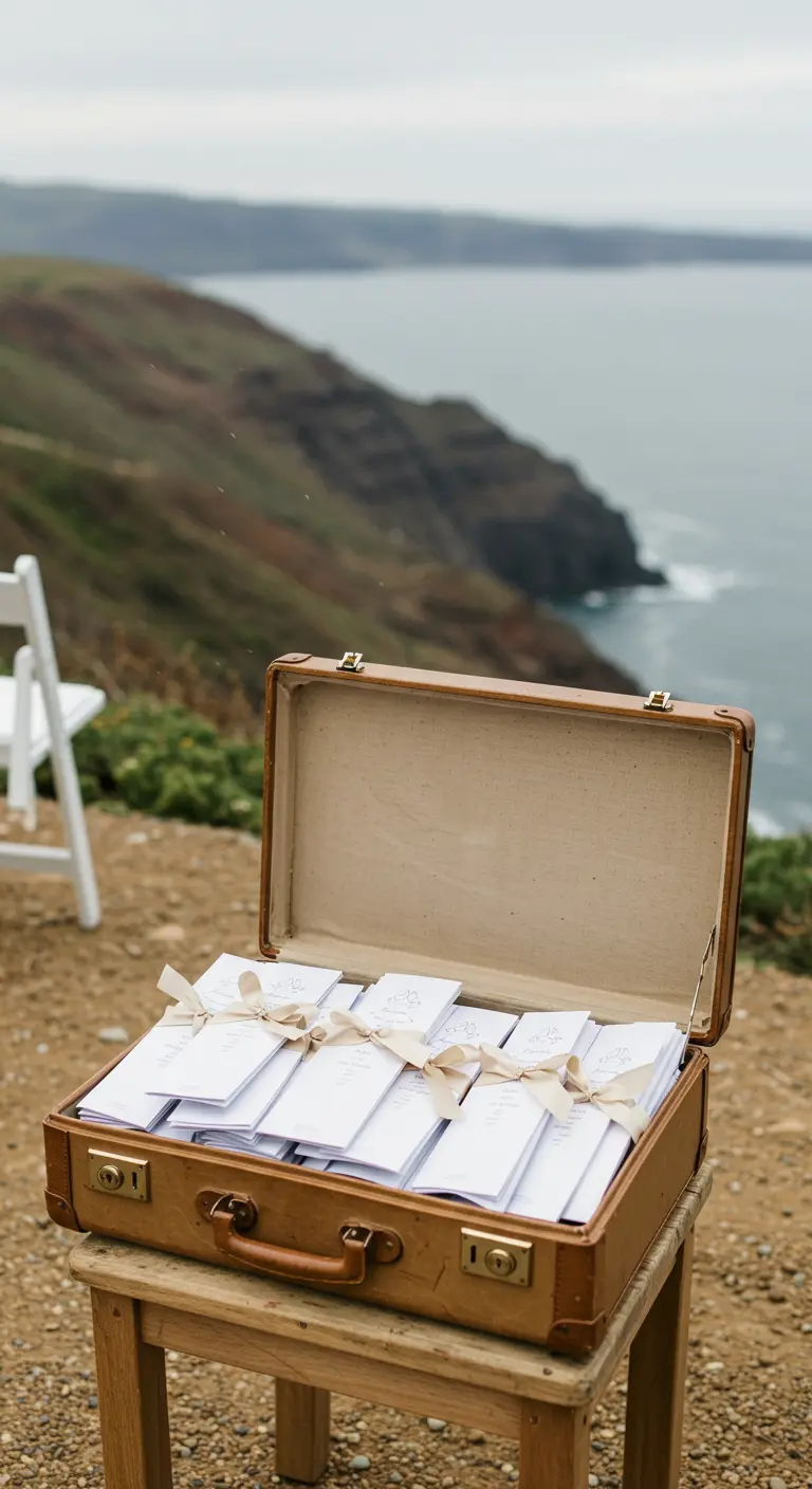 Maleta de cuero con los programas de la boda en un acantilado con vistas al mar.