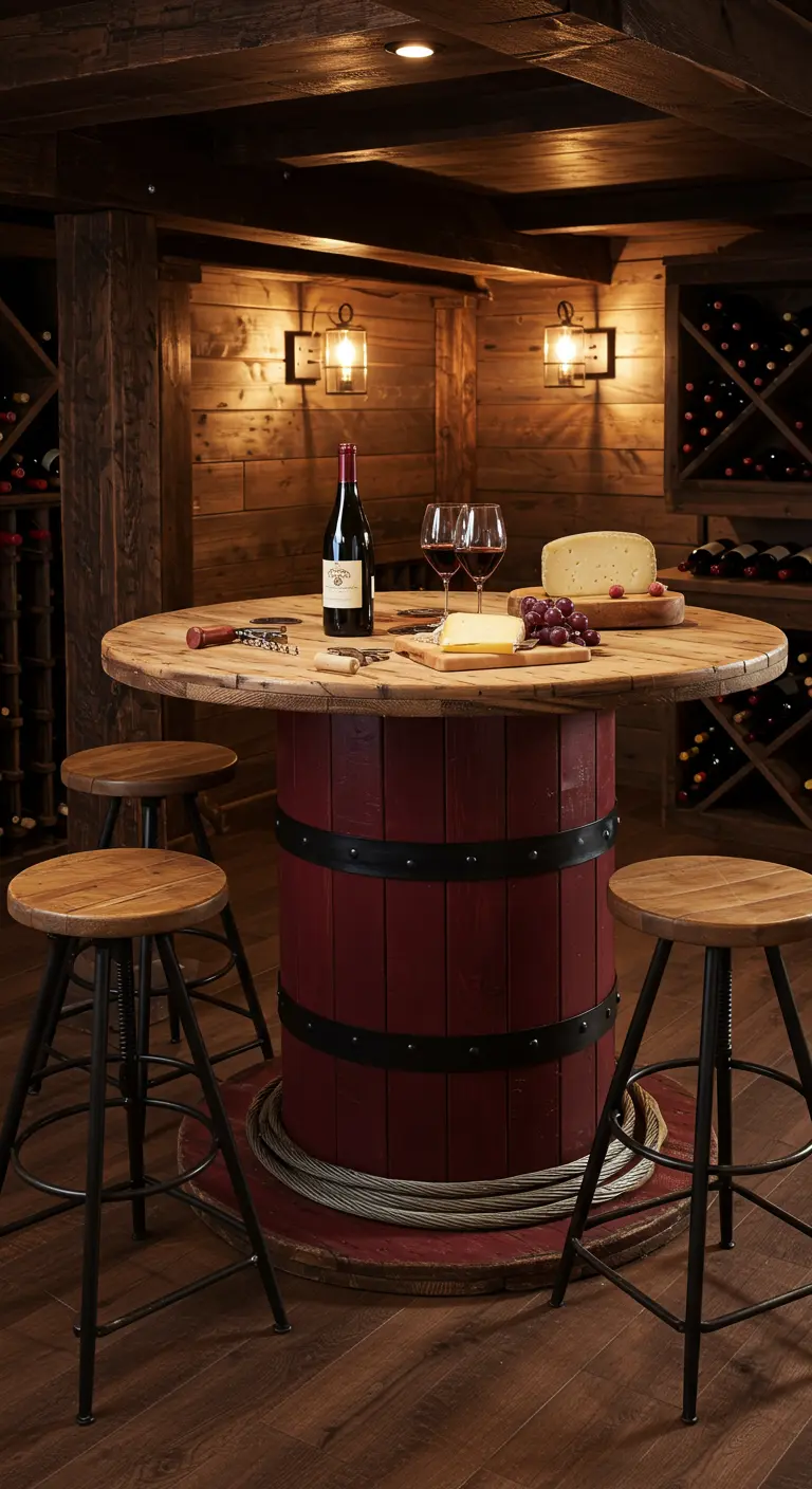 Mesa alta de carrete pintada de rojo vino en una bodega, rodeada de taburetes.