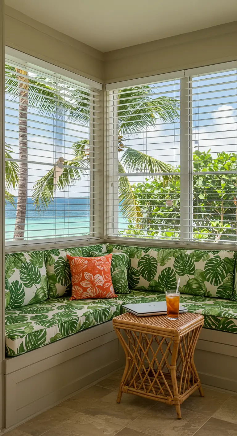 Rincón de trabajo tropical con cojines con estampado de hojas de palmera y vistas al mar.
