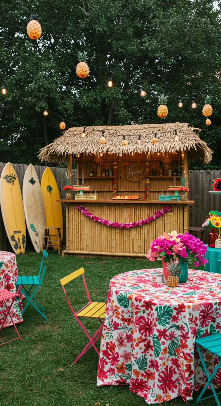 Barra de bebidas tiki de bambú en un jardín con tablas de surf y luces de piña.