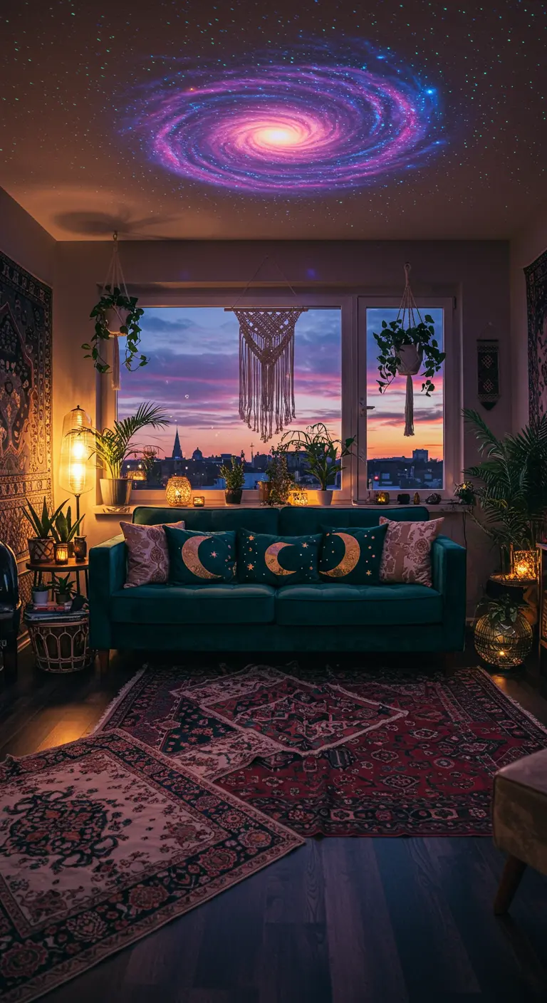 Sala bohemia con un proyector de galaxia en el techo, plantas y cojines de luna.