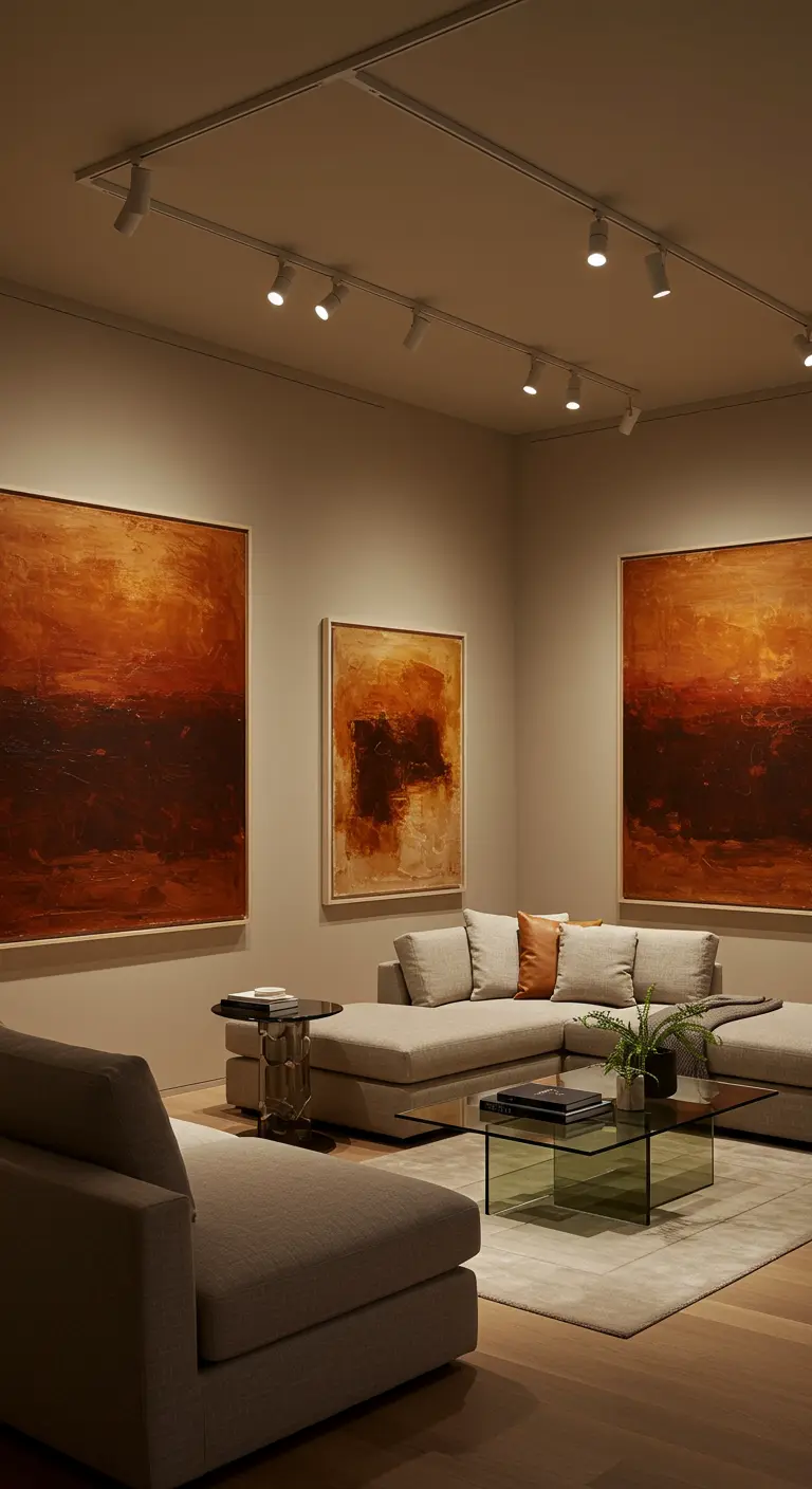 Sala con paredes beige, sofá modular y grandes cuadros abstractos iluminados por focos.