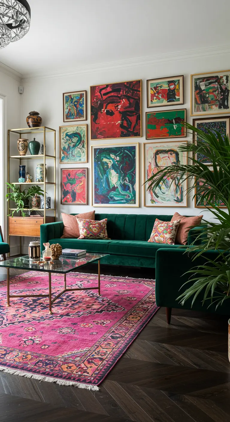 Sala bohemia con sofá de terciopelo verde y una pared galería con cuadros abstractos.