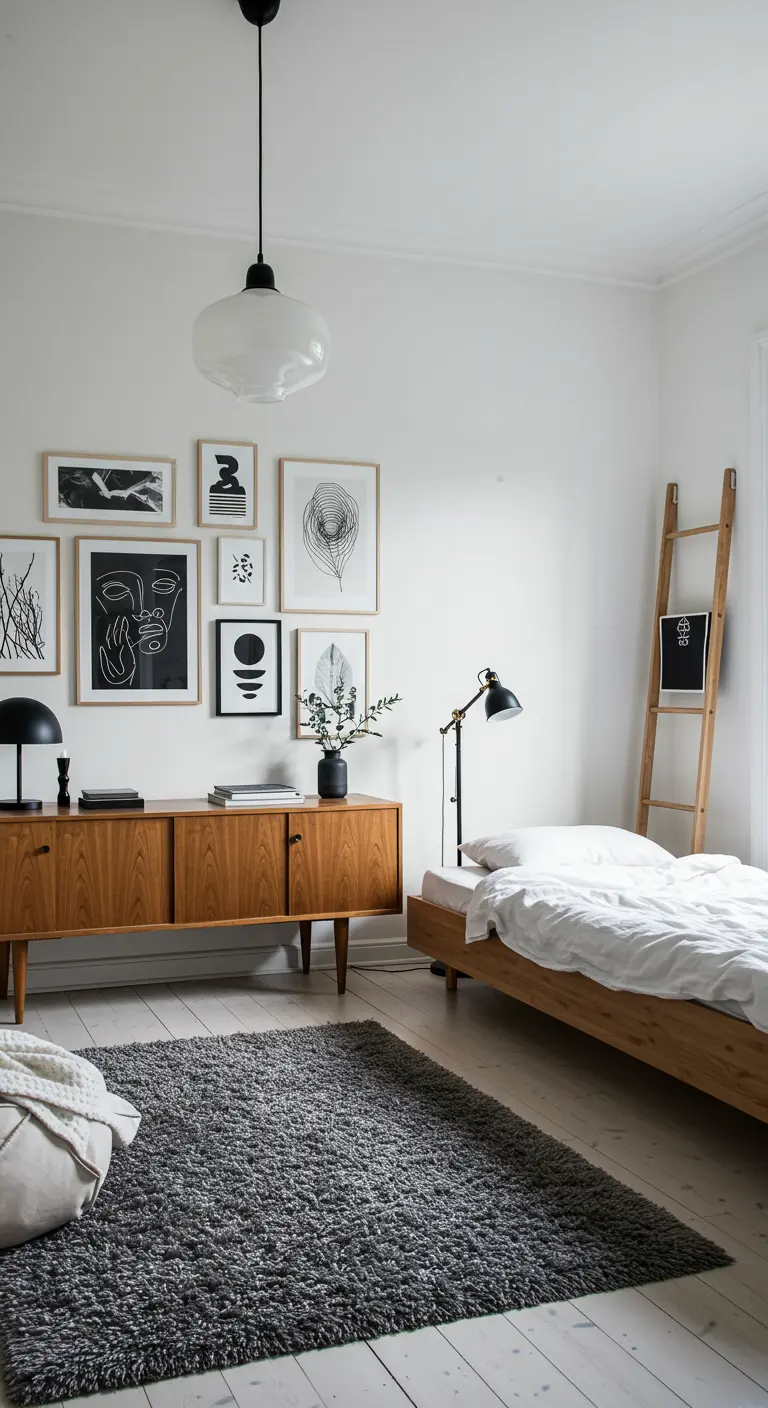 Dormitorio con pared de galería de arte en blanco y negro sobre un aparador de madera.
