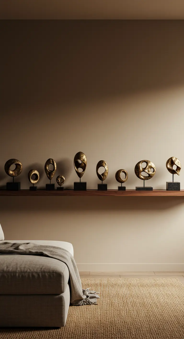 Colección de pequeñas esculturas de latón sobre una repisa de madera flotante.