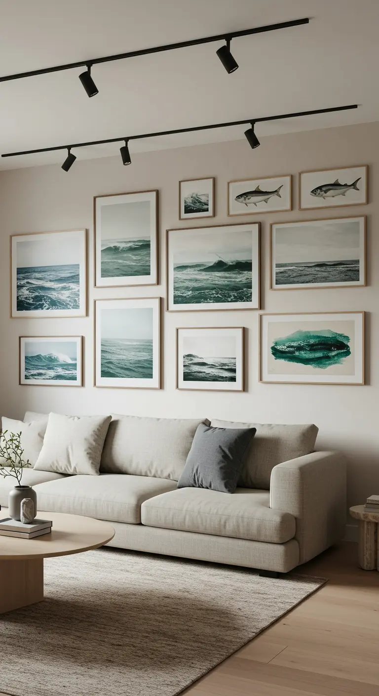 Pared de galería con múltiples cuadros de paisajes marinos en tonos azules y verdes sobre un sofá.