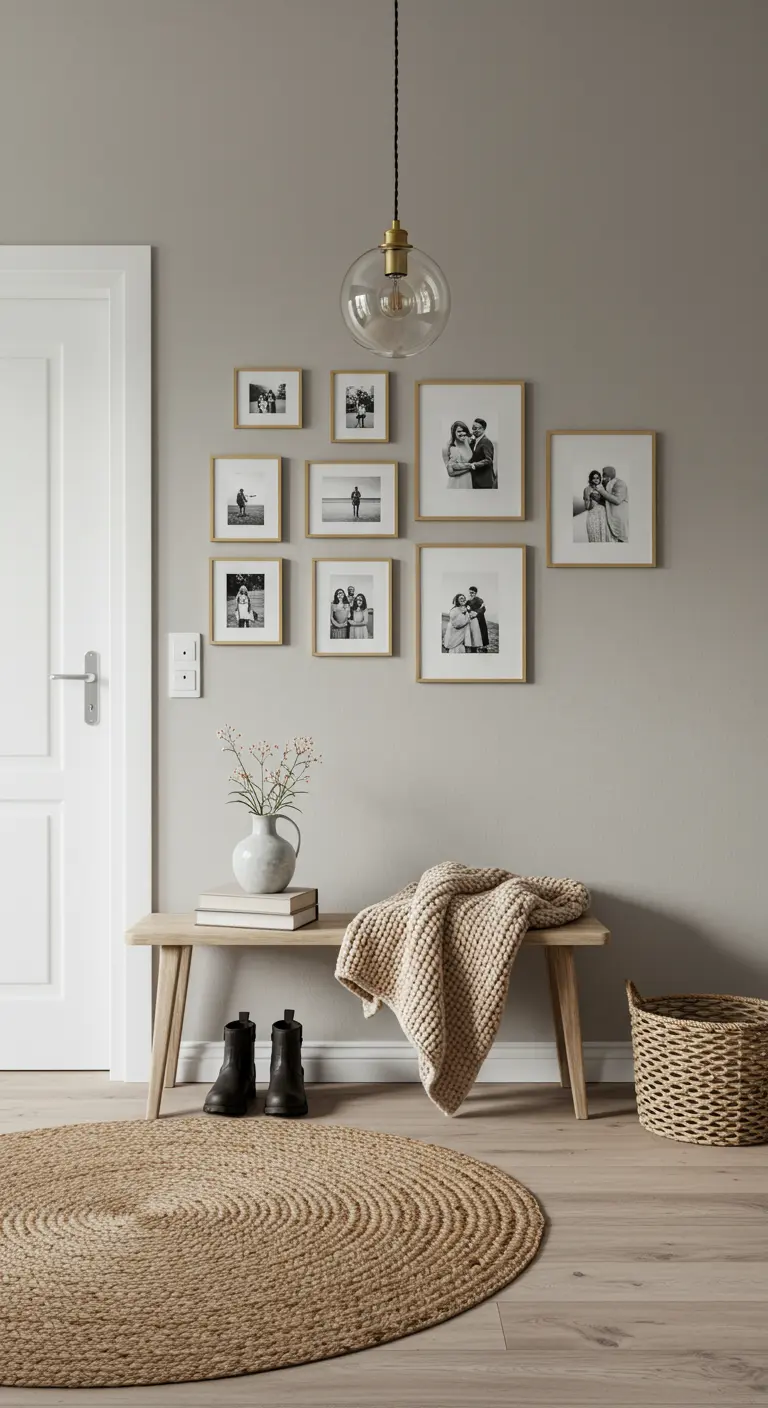 Recibidor con pared gris pálido y una galería de fotos familiares en marcos dorados sobre un banco.