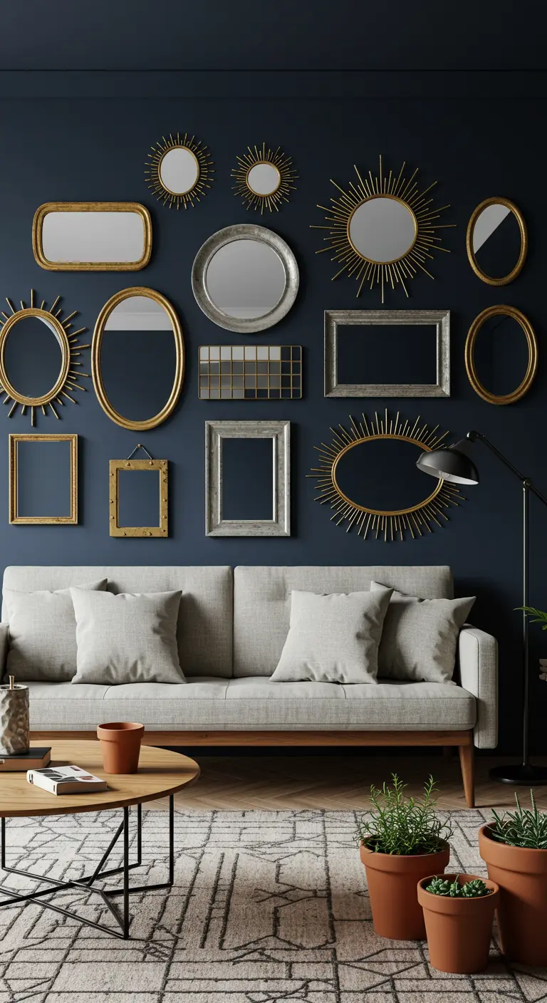 Pared azul oscuro sobre un sofá con una colección de espejos de diferentes formas y tamaños