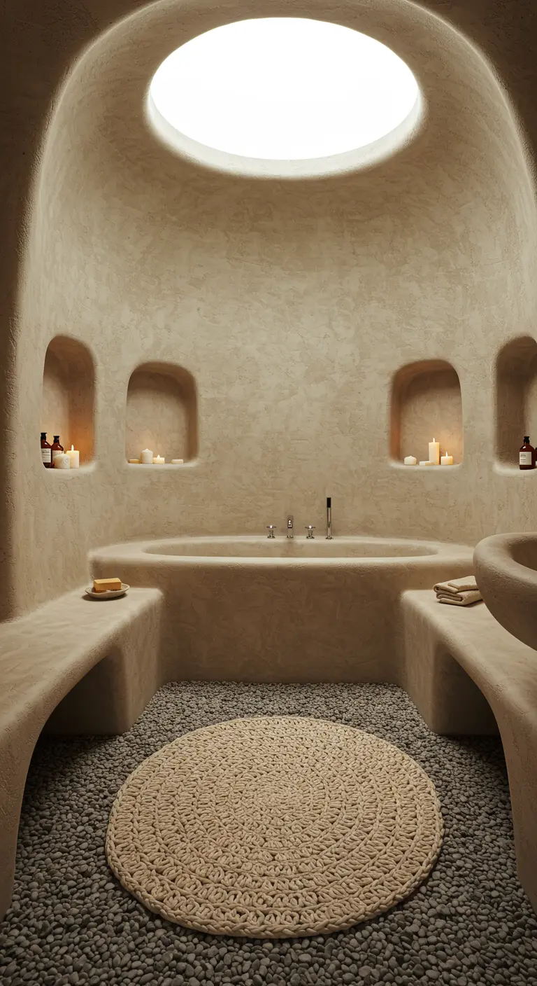 Baño con formas curvas y orgánicas revestido de microcemento, con nichos para velas y un lucernario.