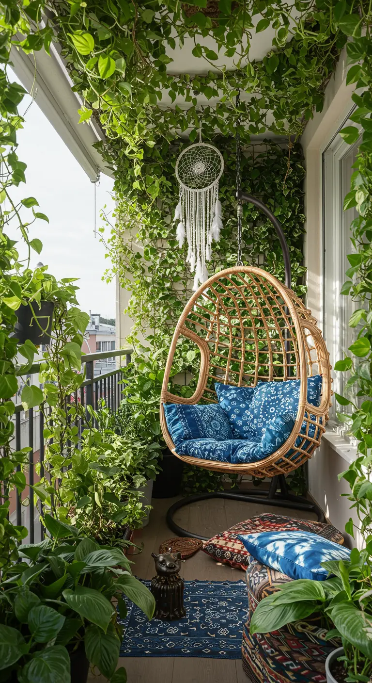 Balcón convertido en una selva urbana con plantas trepadoras y una silla colgante de ratán.
