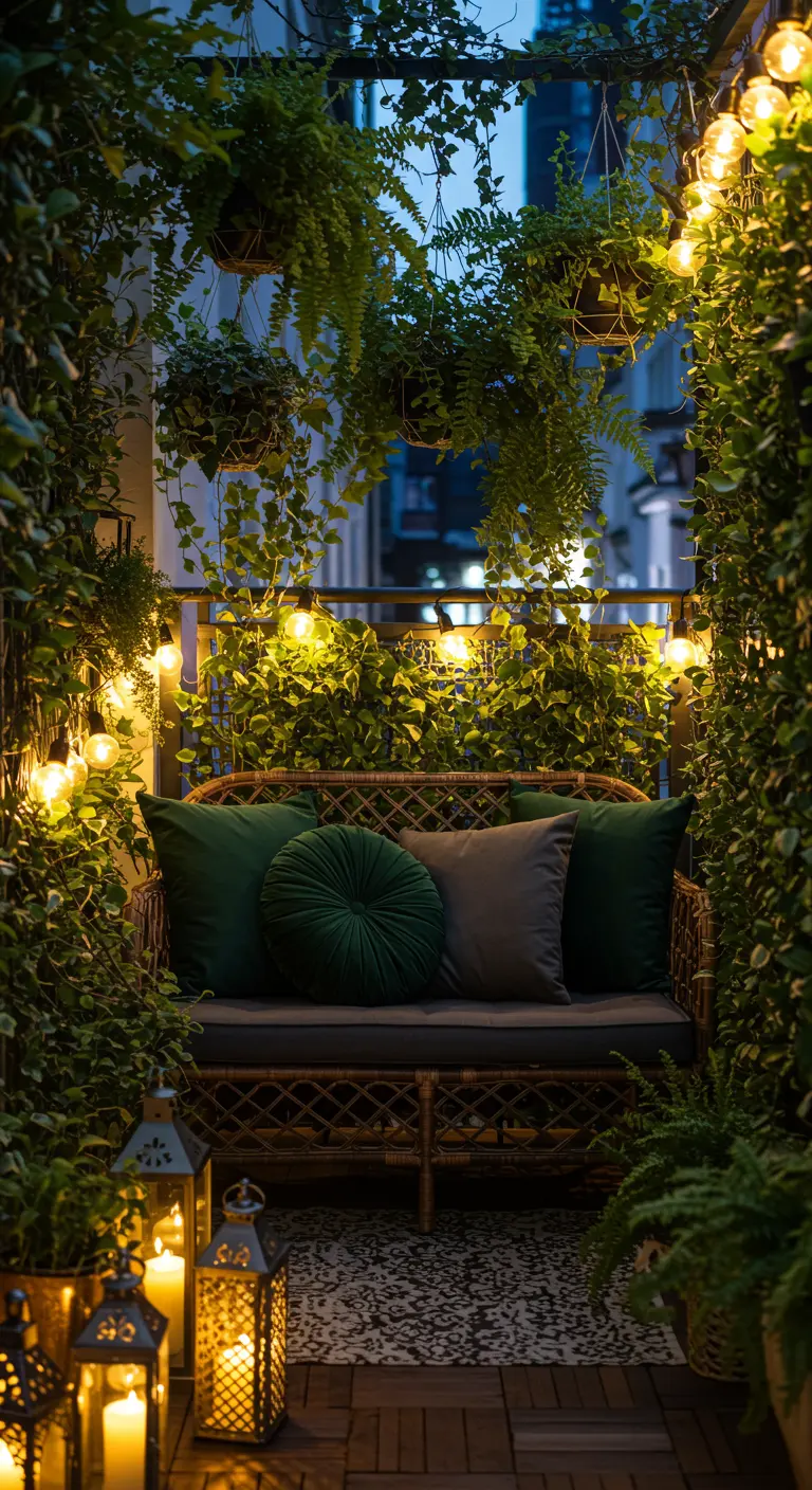 Balcón pequeño y frondoso con sofá de ratán, plantas colgantes y luces cálidas.