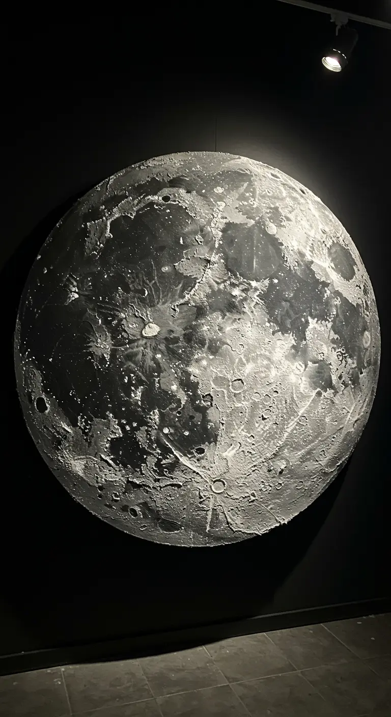 Gran cuadro redondo que imita la superficie texturizada de la luna en blanco y negro