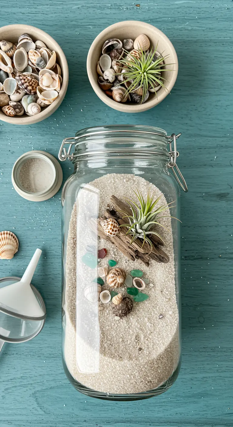 Un terrario de temática playera en un frasco de vidrio, con arena blanca, conchas y una planta de aire.