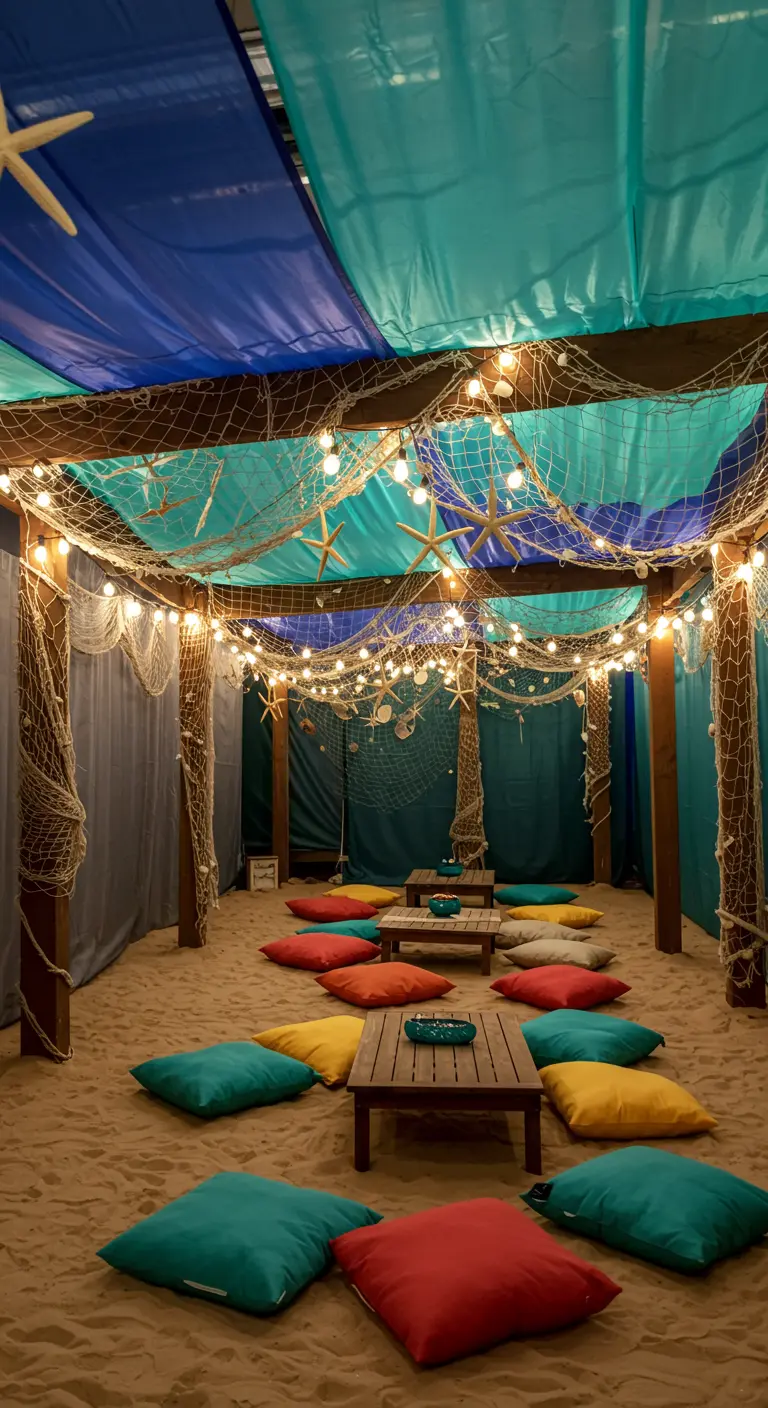 Salón convertido en playa con arena en el suelo y un dosel de tela.
