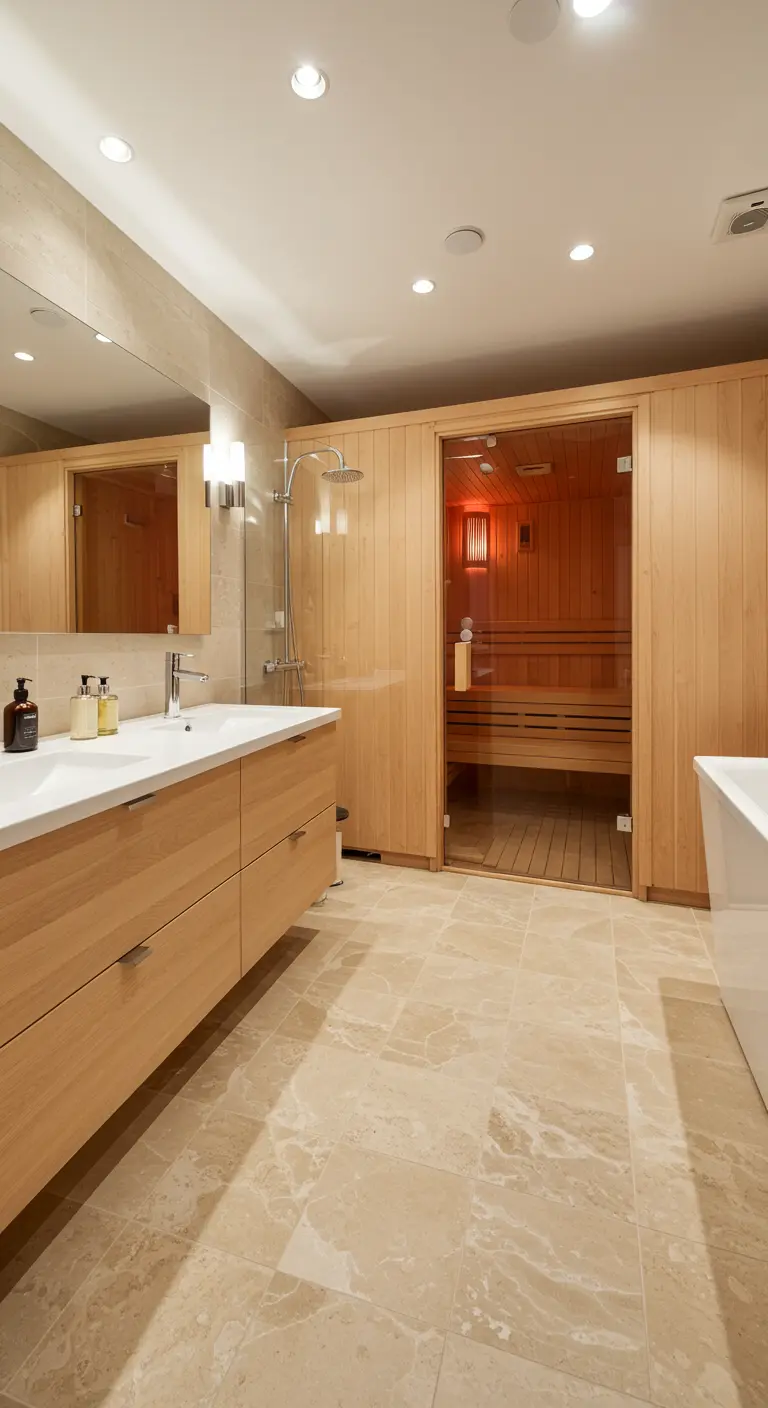 Baño amplio con mueble de madera y una sauna de cristal y madera integrada.