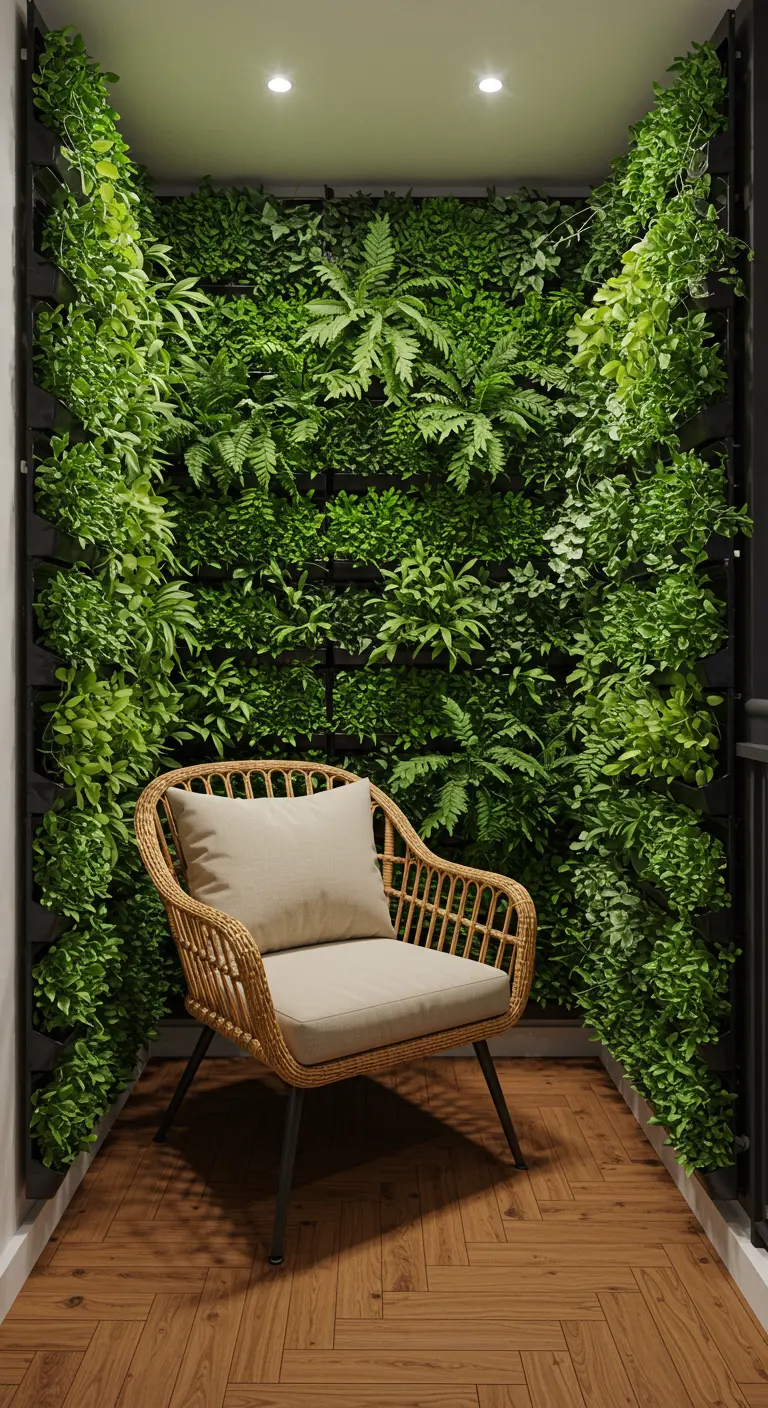 Balcón estrecho transformado en un jardín vertical con un sillón de mimbre.
