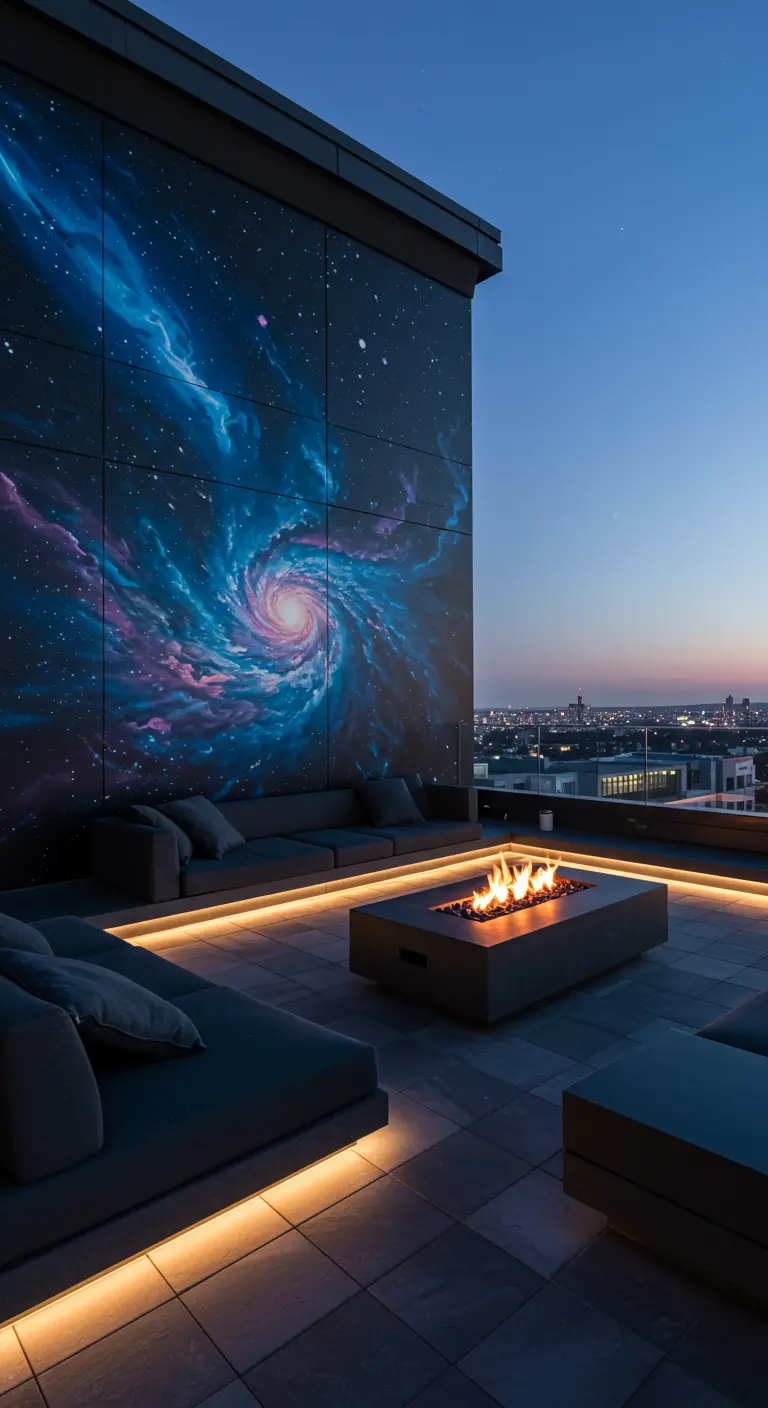 Terraza moderna con un mural de una galaxia y un fogón central.