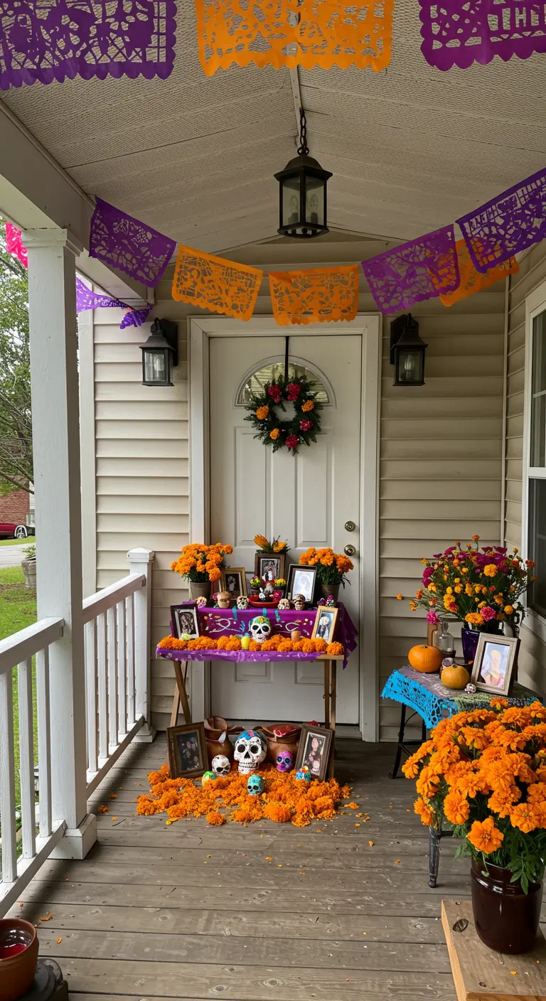 Un pequeño altar del Día de los Muertos montado en el porche de una casa.