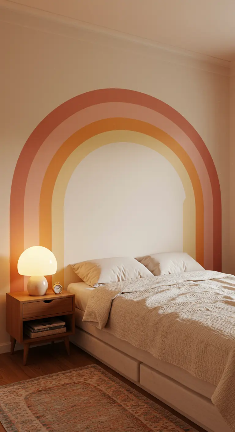Dormitorio con un arcoíris pintado en la pared en tonos cálidos pastel detrás de la cama.