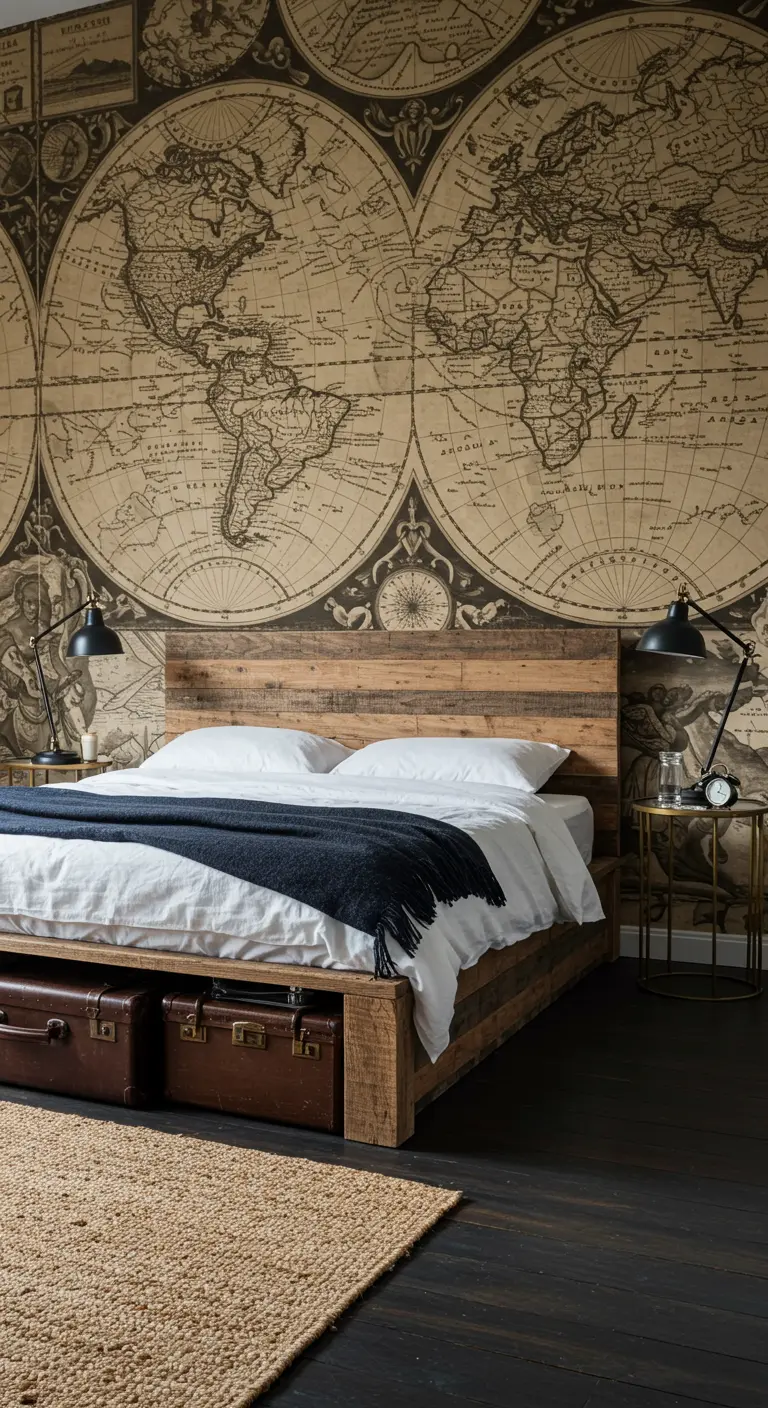 Dormitorio con un gran mural de un mapa del mundo antiguo detrás de una cama de madera rústica.