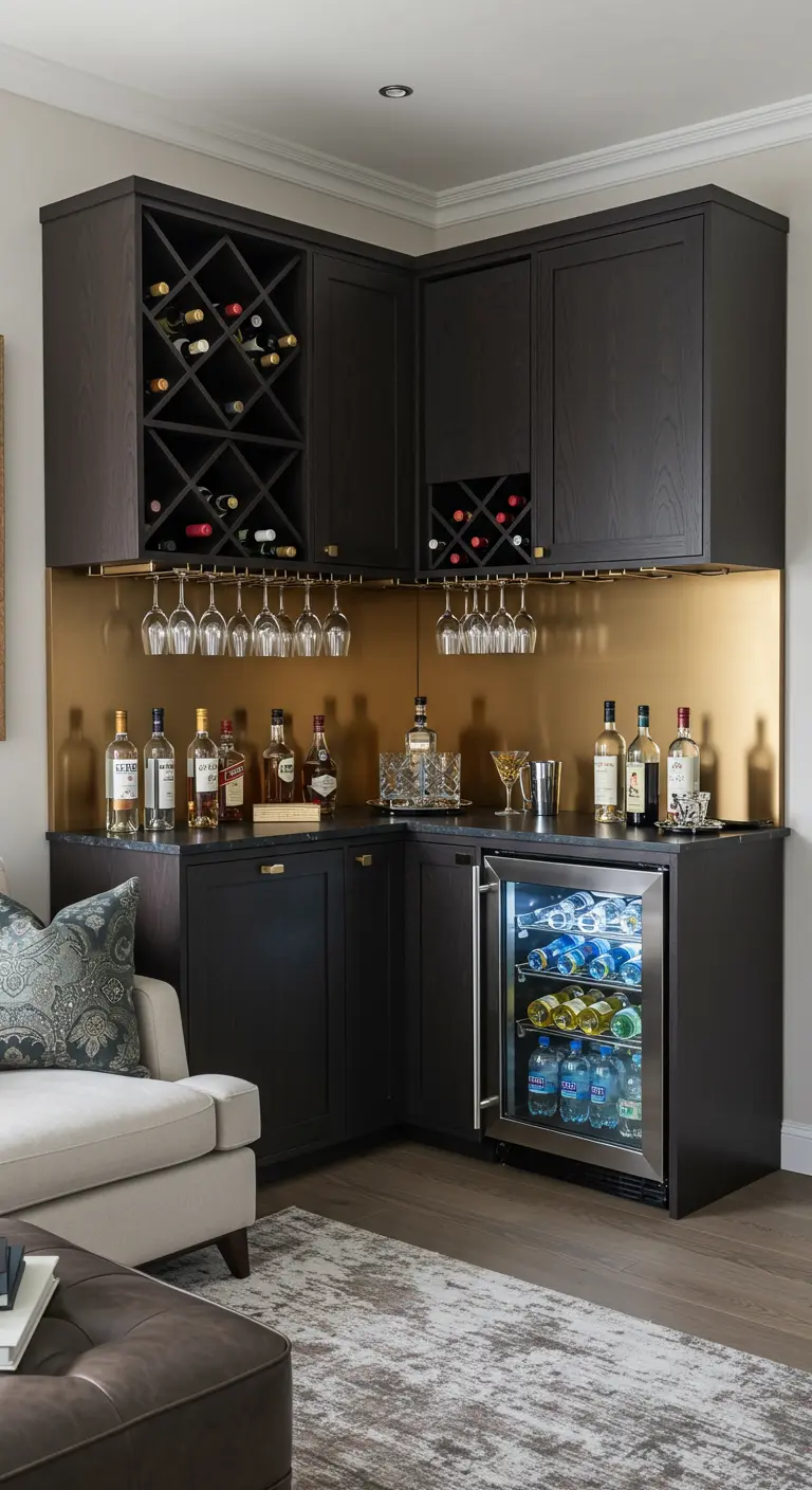 Mueble bar esquinero de madera oscura con botellero, nevera y salpicadero dorado en un salón.