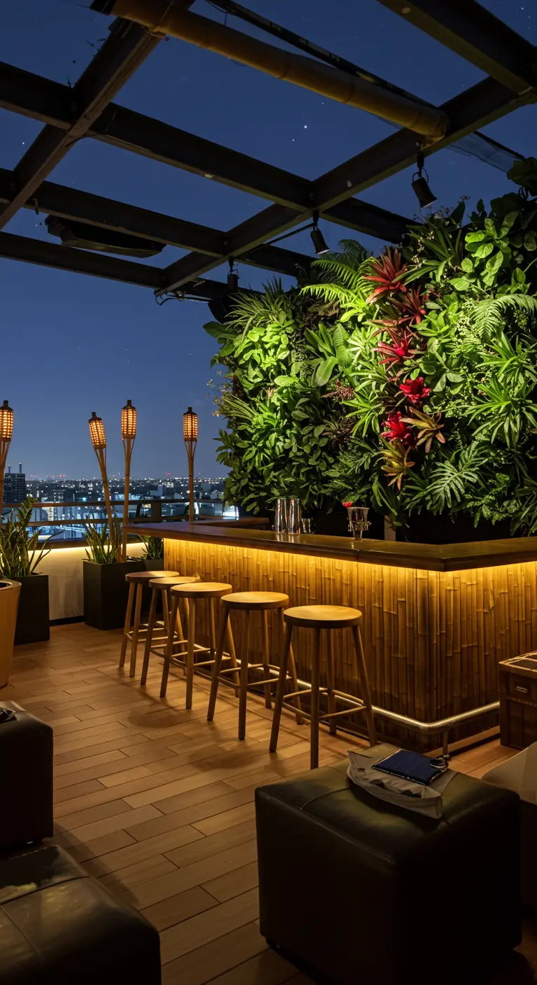 Barra de bar exterior de bambú con un exuberante jardín vertical tropical iluminado y antorchas.
