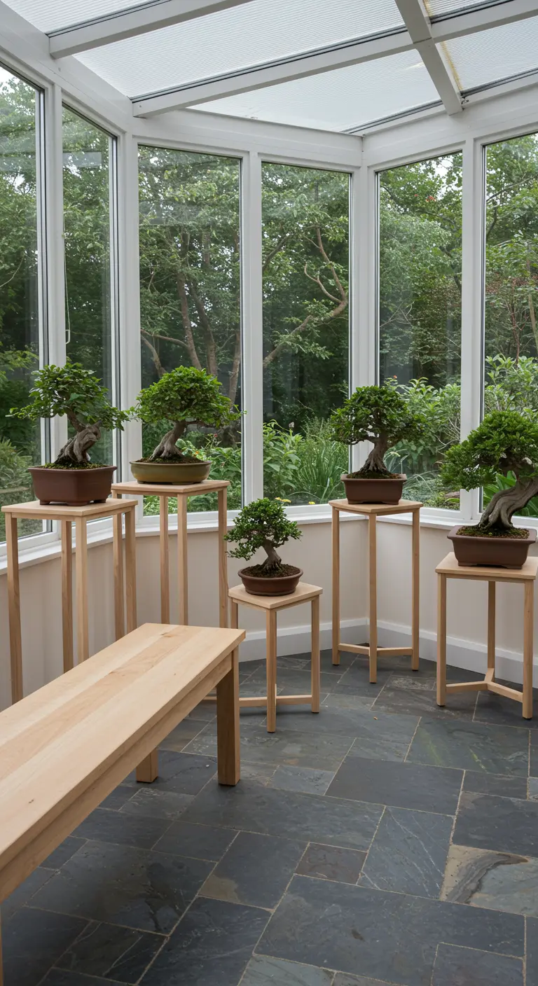 Invernadero luminoso con una colección de árboles bonsái sobre pedestales de madera de distintas alturas.