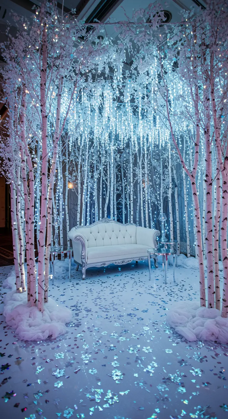 Escena de invierno con un sofá blanco, abedules y luces de carámbano cayendo como nieve.