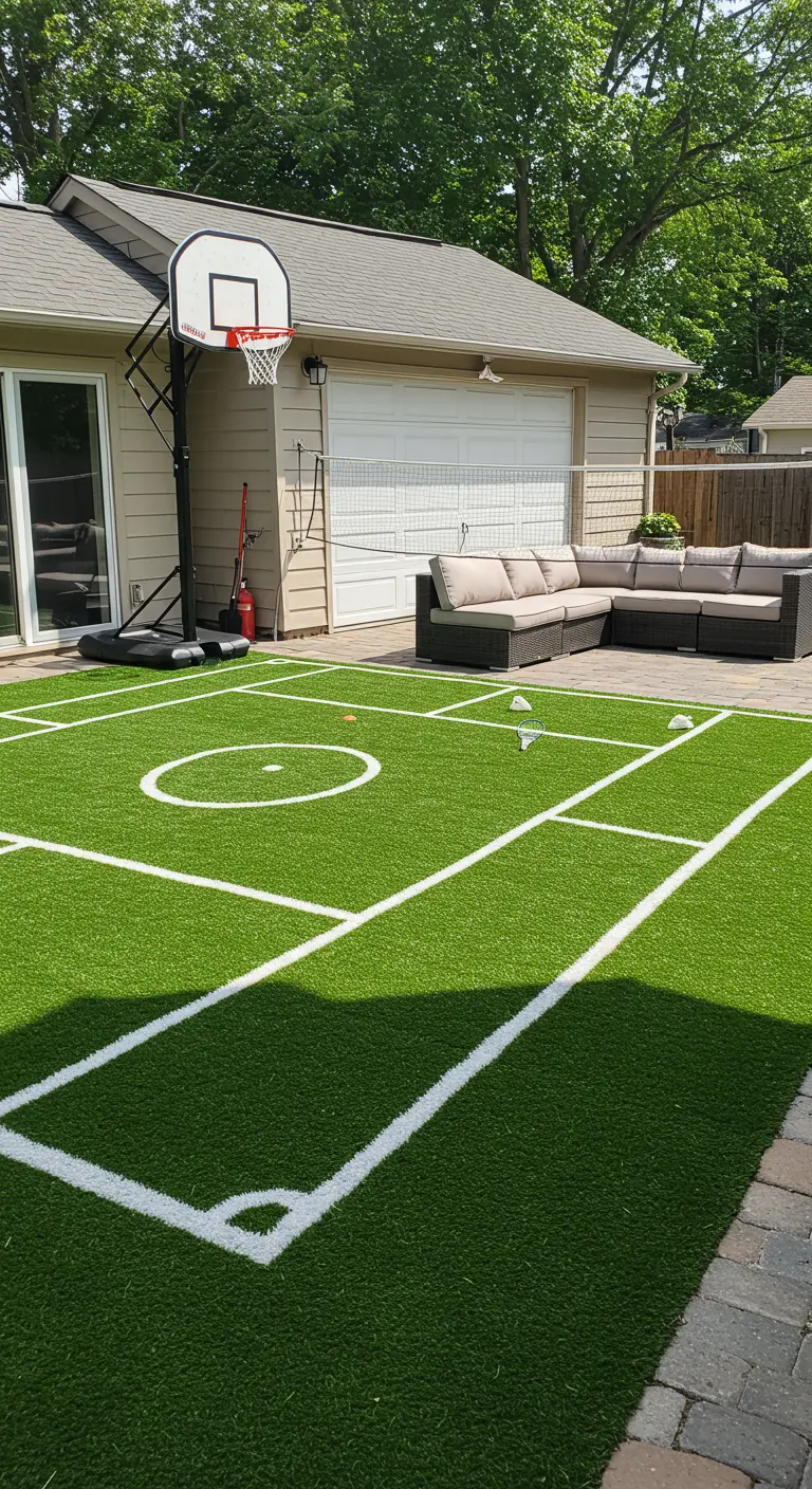 Patio trasero convertido en una mini cancha multideporte con césped artificial y líneas blancas