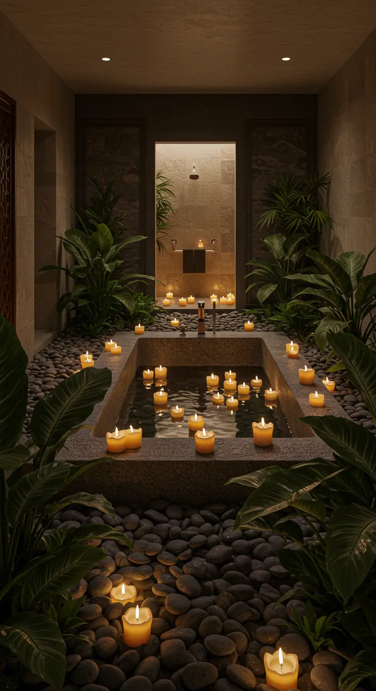 Baño tipo spa con bañera de piedra hundida, rodeada de plantas y velas flotantes.