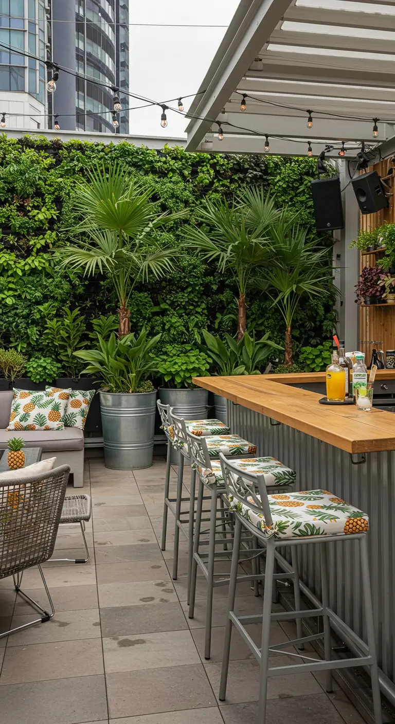 Bar en azotea con jardín vertical, barra de madera y taburetes con cojines de piñas.