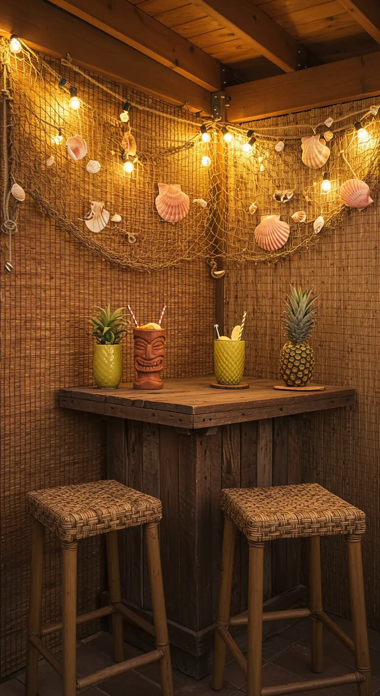 Rincón de bar tiki con red, conchas, luces y cócteles tropicales.