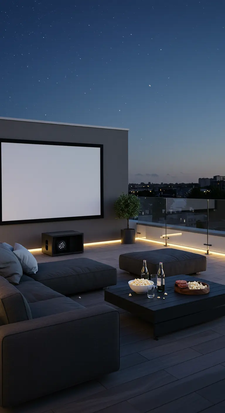 Azotea moderna de noche con un cine al aire libre, pantalla de proyección y sofás modulares oscuros