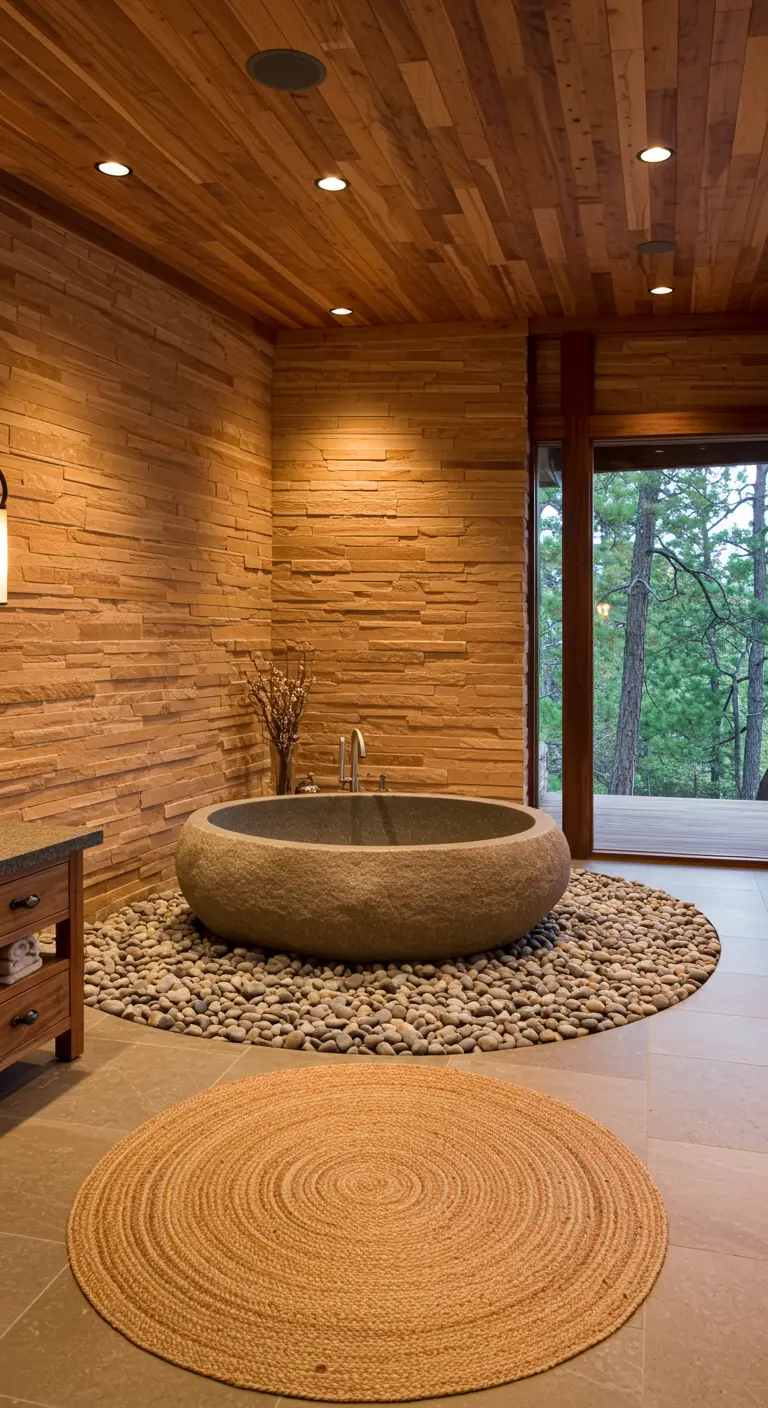 Baño tipo spa con una bañera redonda de piedra sobre una base de cantos rodados y una alfombra de yute.