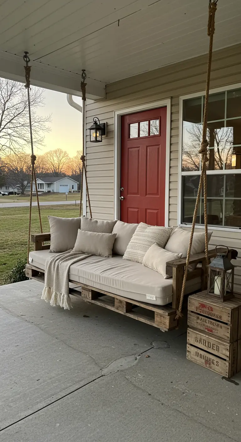 Columpio de palets de madera con cojines beige y una manta, colgado con cuerdas gruesas en un porche.