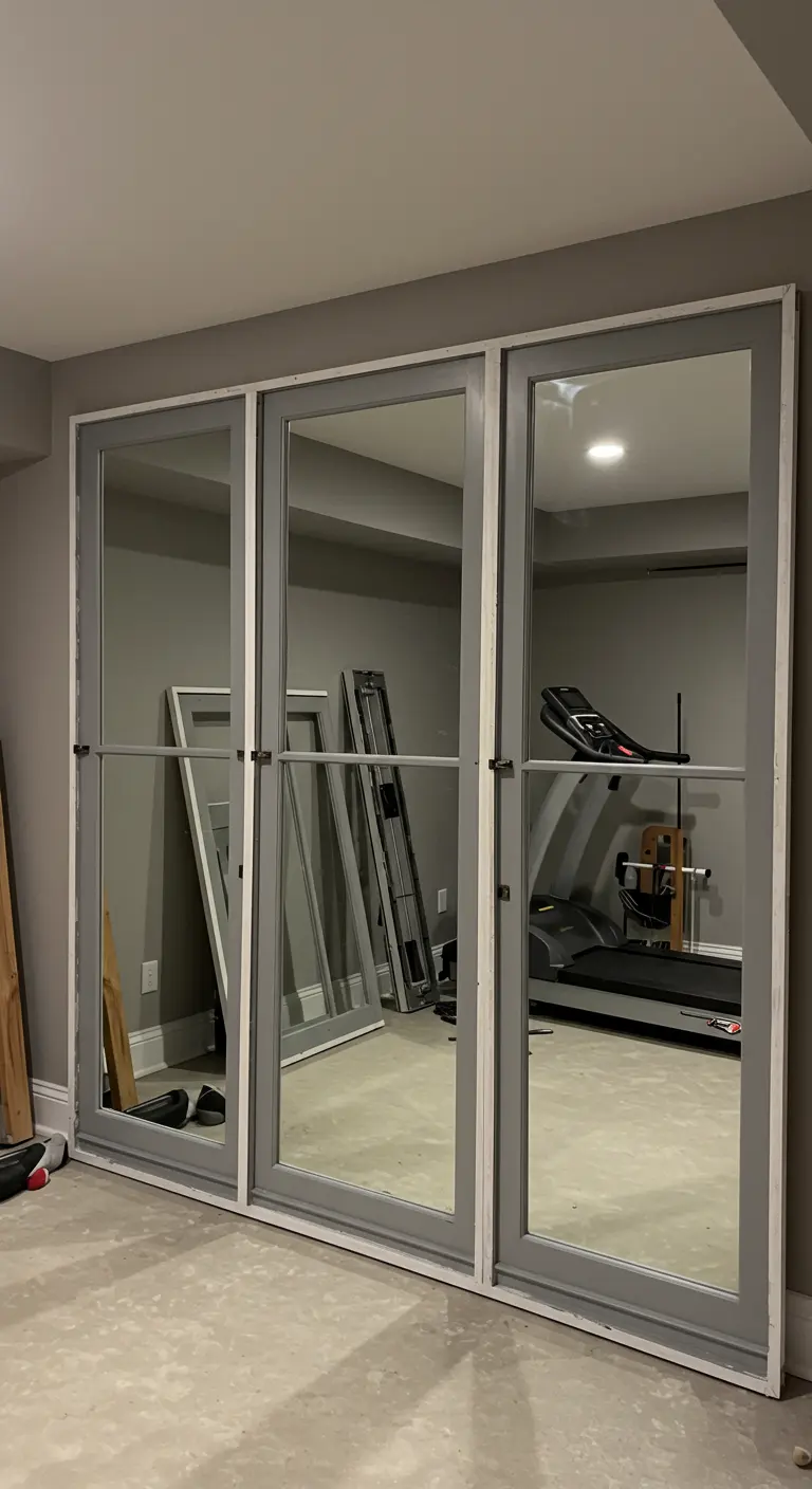 Tres espejos de ventana altos y grises formando una pared de espejo en un gimnasio en casa