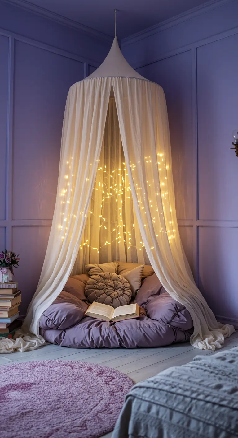 Rincón de lectura mágico con un dosel, cojines en el suelo y luces de hadas.