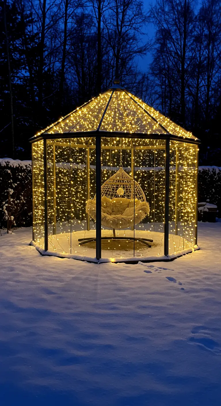 Invernadero de cristal en la nieve cubierto de luces con silla colgante.