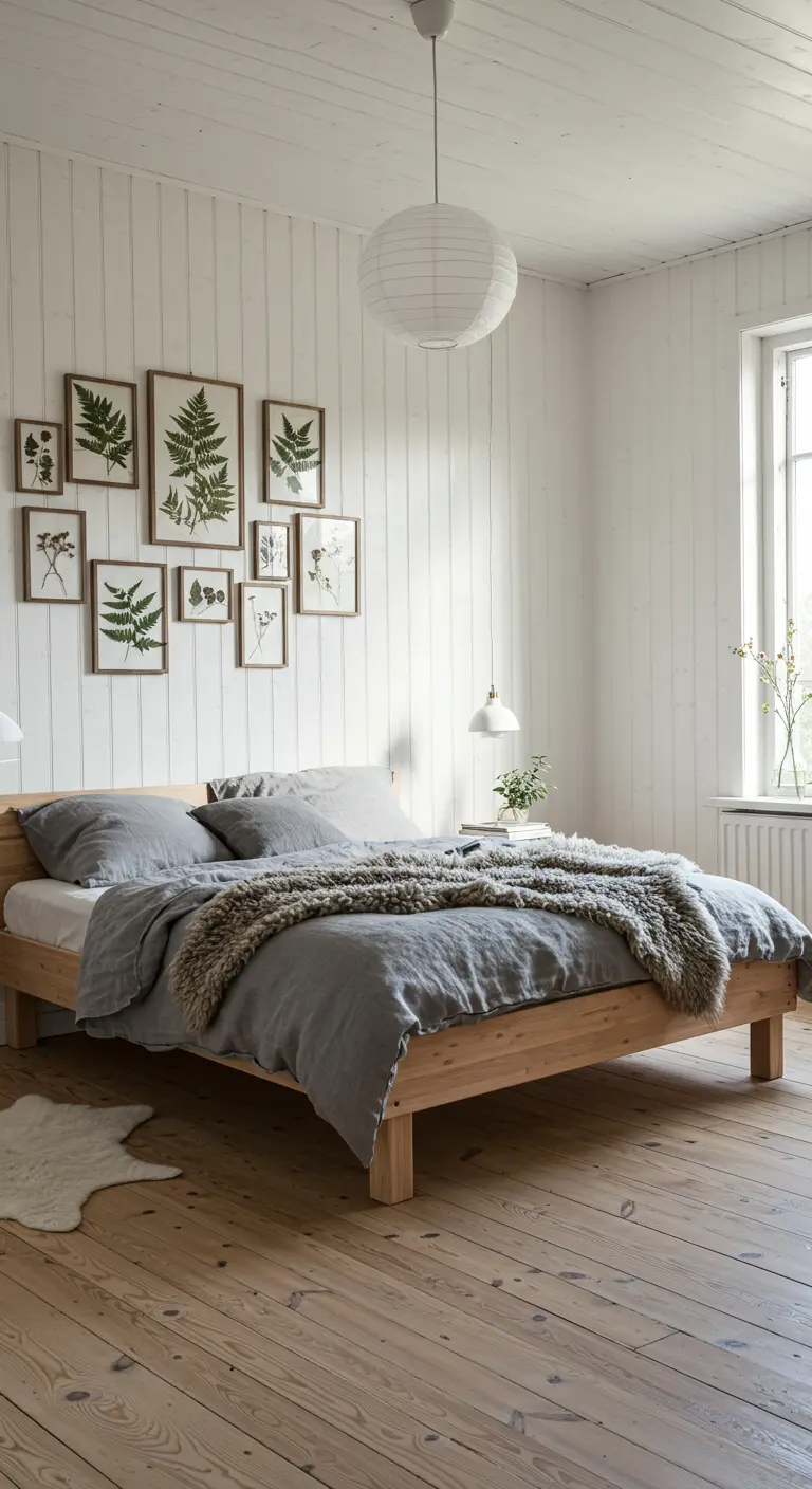 Dormitorio escandinavo con una galería de cuadros de hojas prensadas sobre la cama.