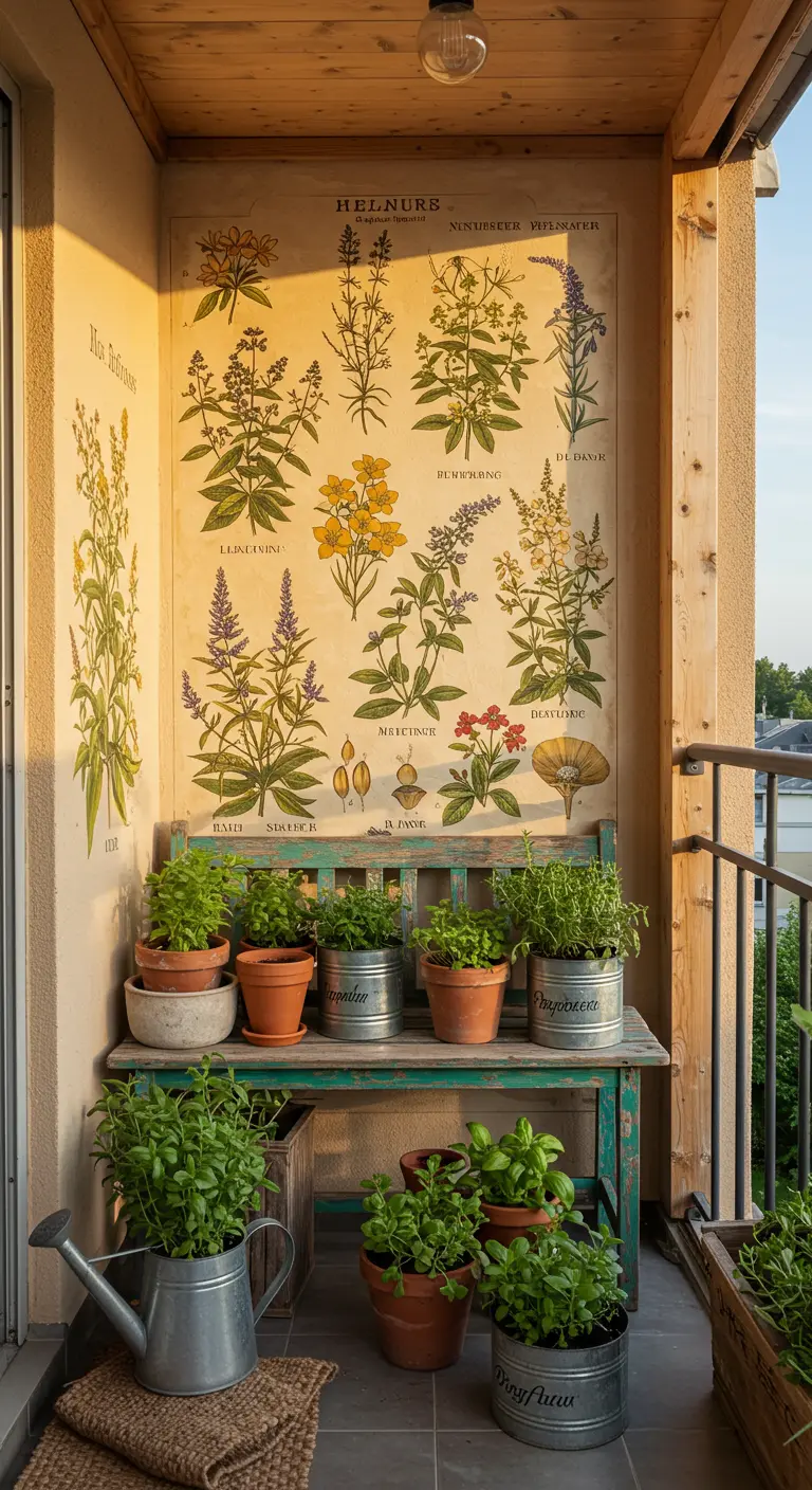 Balcón con mural de ilustraciones botánicas y un banco de madera con macetas.