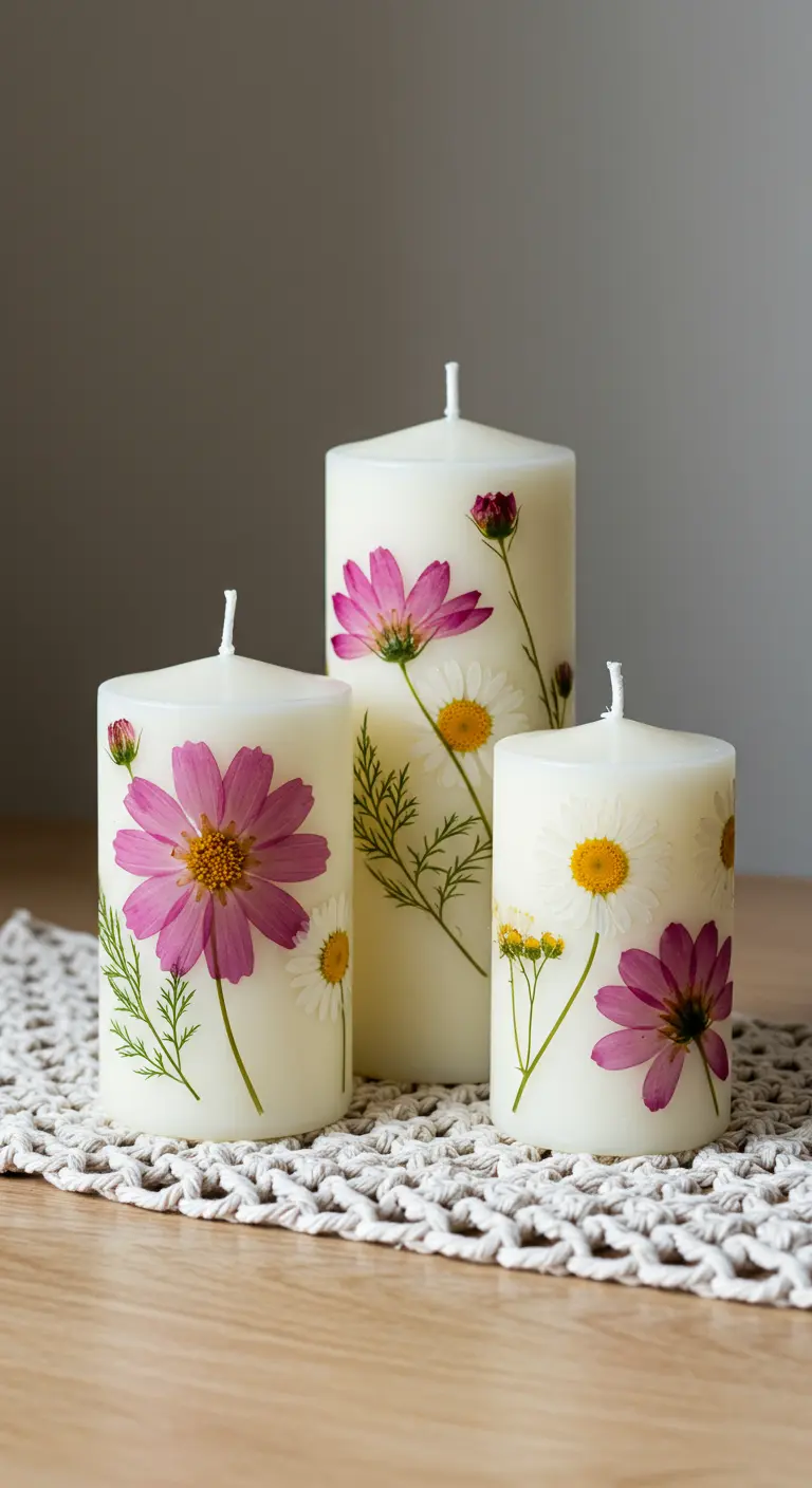Velas de pilar blancas decoradas con flores prensadas de colores.