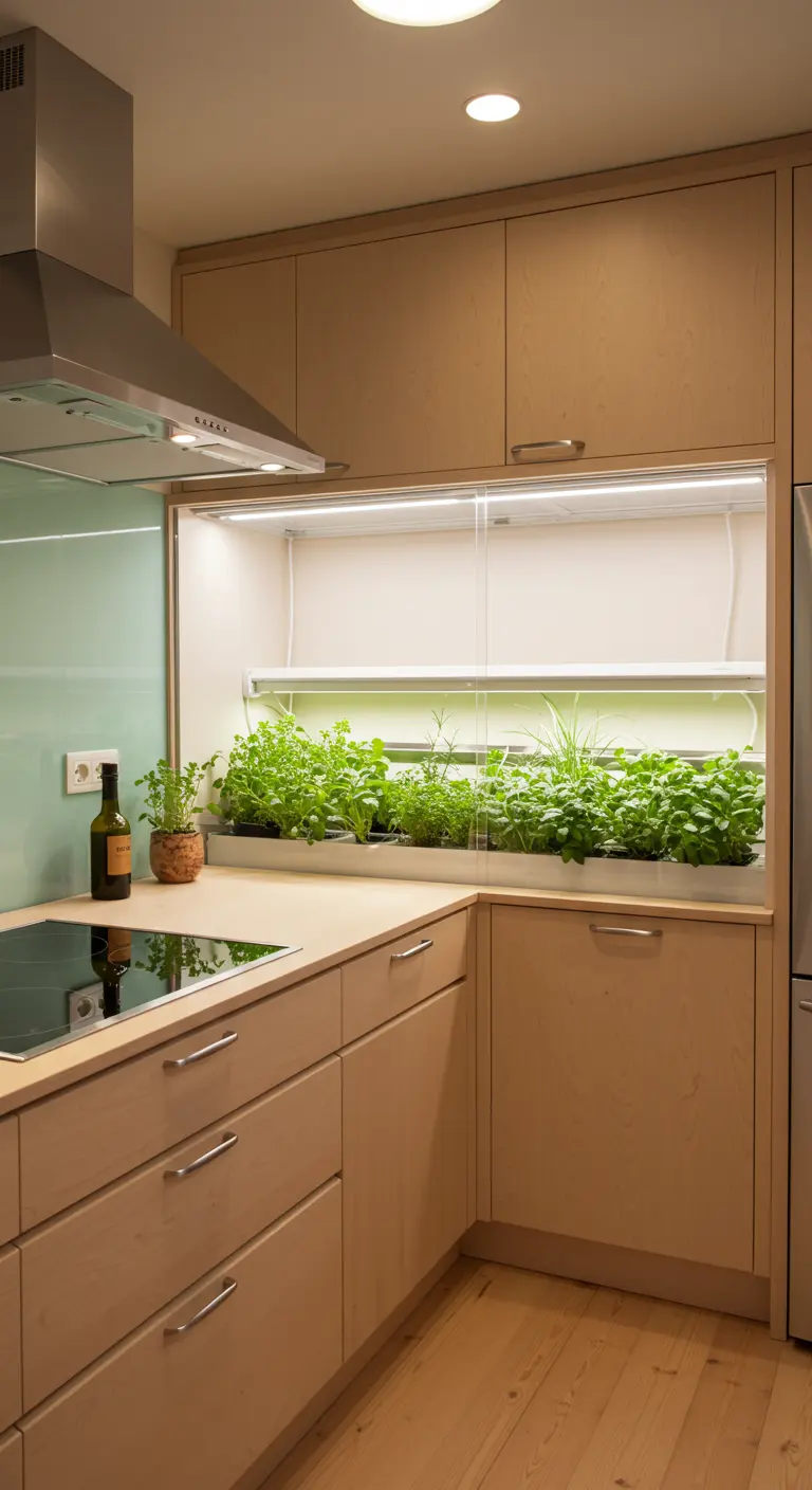 Cocina moderna con un sistema de cultivo de hierbas integrado con luces de crecimiento