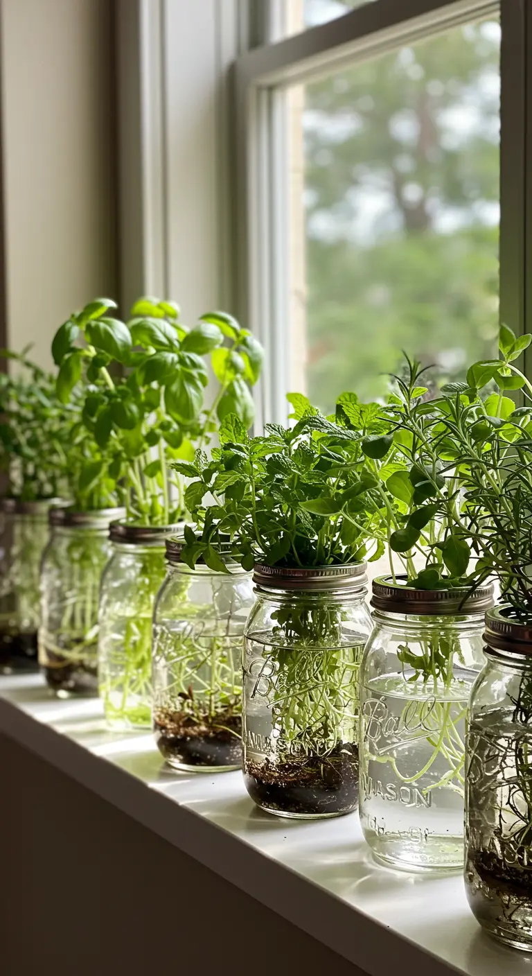 Fila de frascos de vidrio en el alféizar de una ventana, con hierbas aromáticas frescas creciendo en ellos.