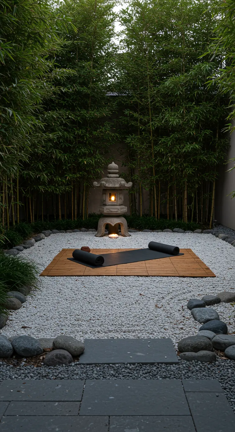 Pequeño jardín zen con grava blanca, bambú y una linterna de piedra.