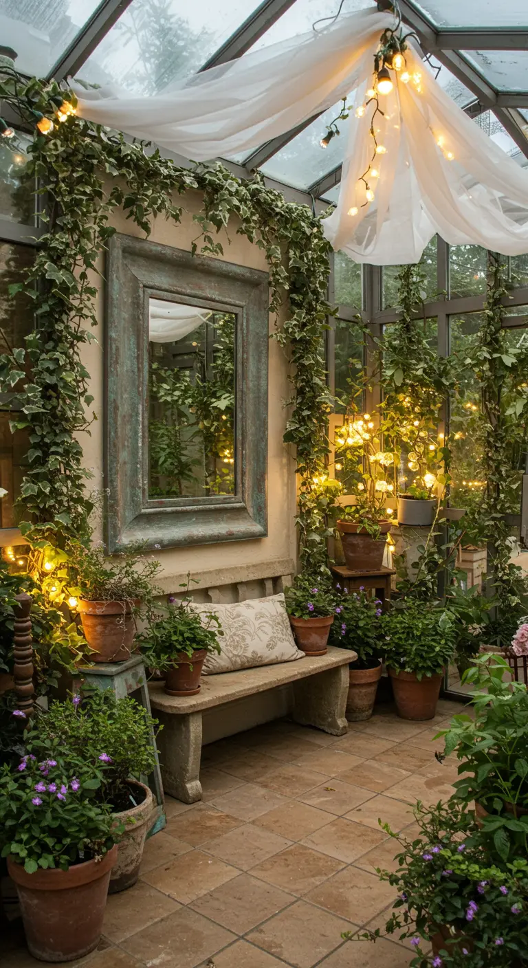 Entrada tipo invernadero con un banco, espejo rodeado de hiedra, plantas y luces colgantes.