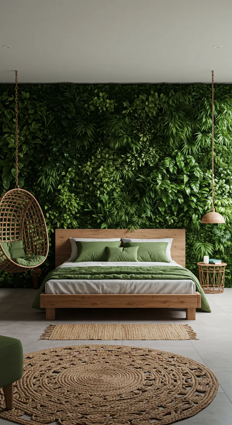 Dormitorio con una pared completamente cubierta de plantas verdes, creando un jardín vertical.