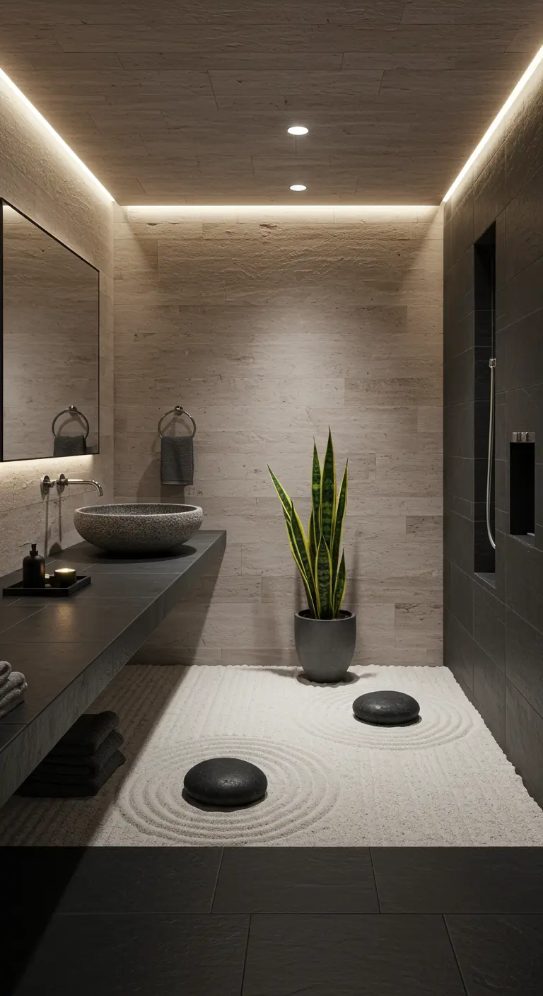 Baño minimalista con un jardín zen de arena y piedras, y un lavabo de piedra gris.