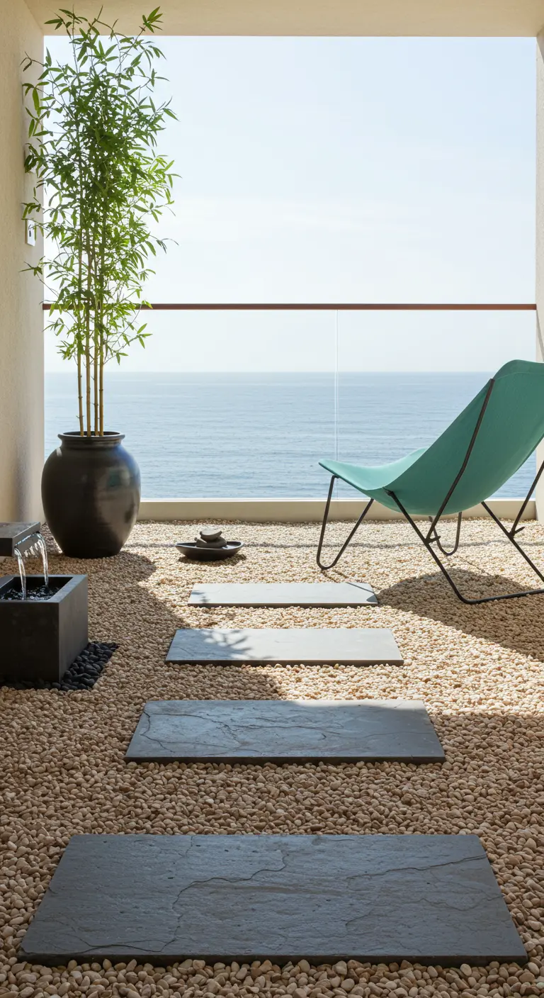 Balcón de estilo zen con suelo de grava, losas de pizarra, bambú y una pequeña fuente de agua.