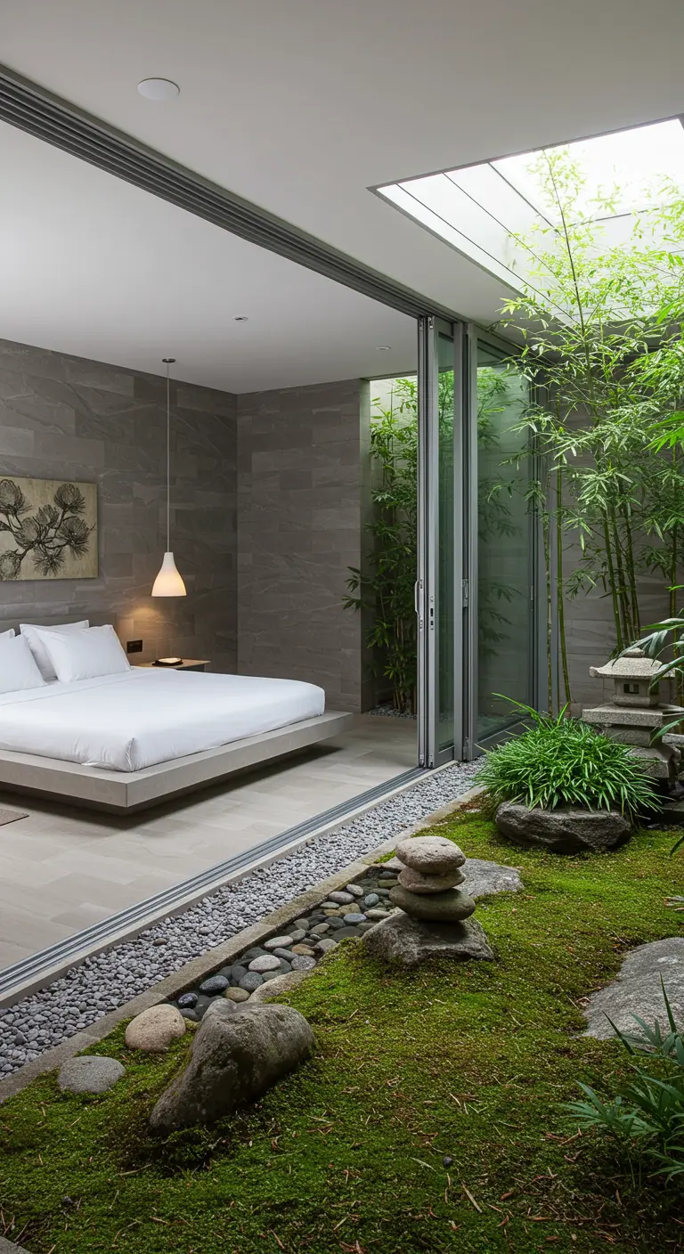 Dormitorio minimalista que se abre a un pequeño jardín zen con bambú y rocas.